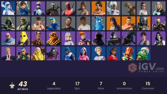 PC/XBOX/43 SKINS/Chun-Li(OG)/Neo Versa(OG)/Neymar Jr/Ninja/Xenomorph/Ryu/Grave Feather/Slayer Juice WRLD/Snake Eyes