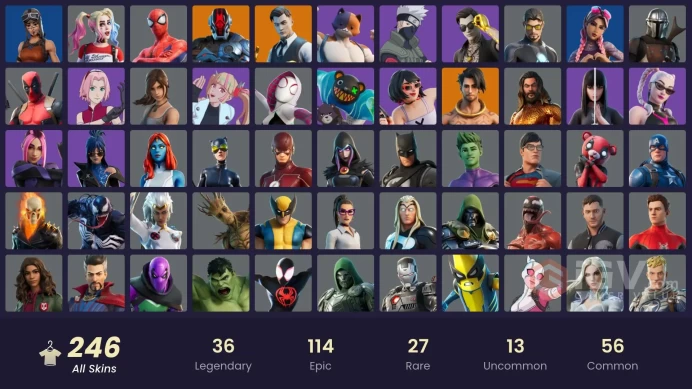 PC/PSN/XBOX/SWITCH 246 SKINS:EDDIE BROCK,RECON CHAMPION,JOLTARA,MIZUKI,PREDATOR,NEZUMI,THOR,SPIDER-MAN,AQUAMAN,REBIRTH RAVEN,TORIN