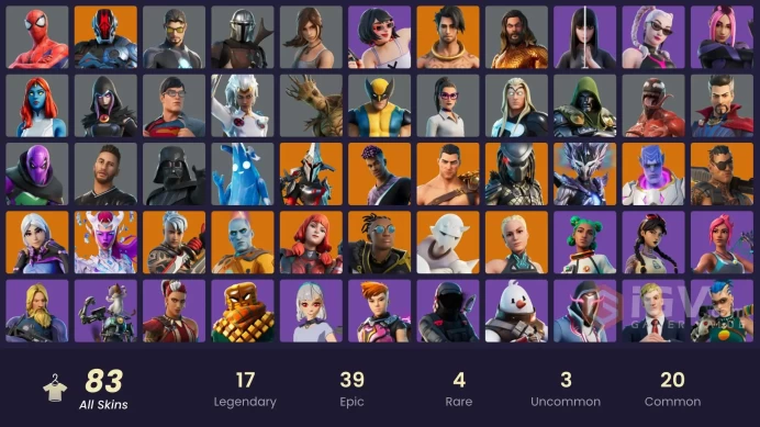 PC/XBOX/PSN/SWITCH 83 SKINS:TORIN,FADE,KYMERA,RONIN,PREDATOR,THE IMAGINED,RAZ,THE CUBE QUEEN,JOEY,MANDALORIAN,THOR,WOLVERINE,GROOT