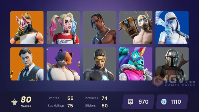 80 Skins | Travis scoTT| Gold TNTINA | Gold Midas | Gold MeowsCles | Gold Brutus | Psycho Bandit |Modena Icon(OG)|Oppressor | Harley Quinn | 