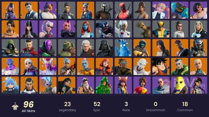 PC/PSN/SWITCH 96 SKINS:GLOW,ANDROMEDA,MANDALORIAN,THOR,LARA CROFT,DOOM SLAYER,PREDATOR,ERA,FADE,SNAP,MALIK,RONIN,MIDAS,ZENITH,NEZUMI