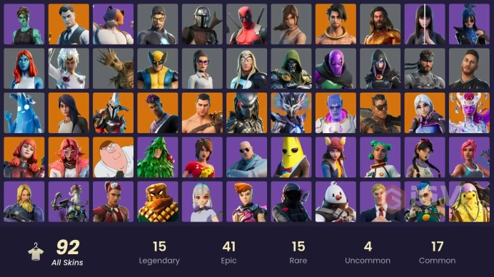 PC/PSN/XBOX/SWITCH 92 SKINS:MAJOR GLORY,MANDALORIAN,REBIRTH RAVEN,SPIRE ASSASIN,KYMERA,PREDATOR,RAZ,JOEY,ETERNAL KNGIGHT,MENACE,HAPPY