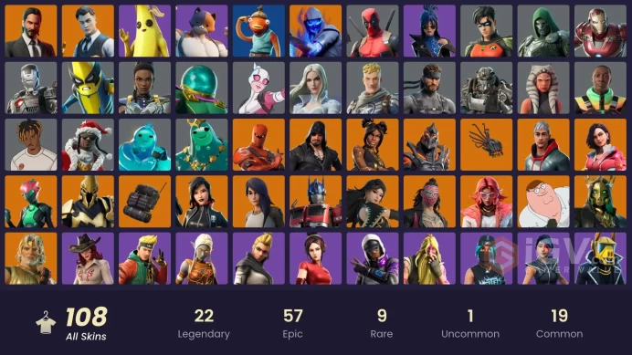 PC/PSN/XBOX/SWITCH 108 SKINS:JOHN WICK,VENDETTA,ULTIMA KNIGHT,SENTINEL,OPTIMUS PRIME,SHURI,DEADPOOL,SANTA DOGG,VALERIA,ROX,CATALYST
