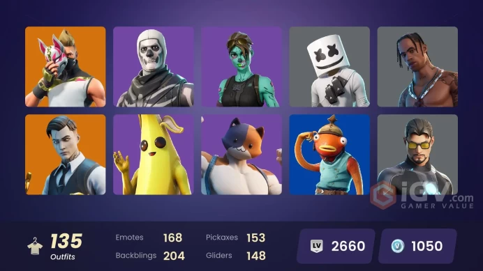 FA - [XBOX/SWITCH/PC] 135 skins | Travis Scott | Gold Midas | Gold Meowscles | Gold Brutus | Royale Bomber | Leviathan Axe | Merry Mint Axe