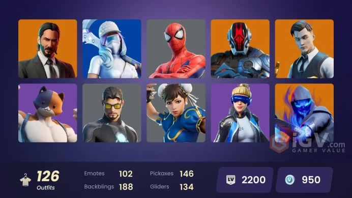 119 SKINSS · ≈ 24,700 V-Bucks SPEND-Chun-Li-John Wick-Neo Versa(OG)-Rebirth Harley Quinn-T-800-MrBeast-Ryu-Armored Batman Zero-Neymar JR-Thanos-