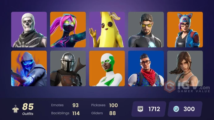 PC/PSN/XBOX/SWITCH 85 SKINS:PRODIGY,THE ICE KING,THE SCIENTIST,BLACKHEART,KYMERA,PREDATOR,RUIN,FUSION,JOEY,RAZ,SPIRE ASSASIN,LUXE,ZYG
