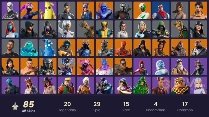 PC/PSN/XBOX/SWITCH 85 SKINS:PRODIGY,THE ICE KING,THE SCIENTIST,BLACKHEART,KYMERA,PREDATOR,RUIN,FUSION,JOEY,RAZ,SPIRE ASSASIN,LUXE,ZYG