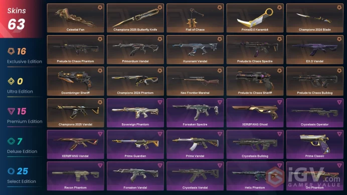 Eu-Turkish | Champions 2024+2025 Bundle | Prelude to Chaos Bundle | Celestial Fan | Kuronami Vandal | +3650 Vp | 63 Skins | Level 360 | Full Acc