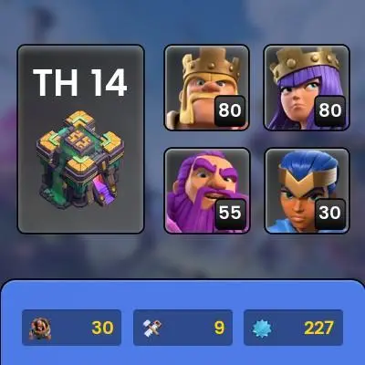 TH 14 FULL MAX| LVL 227 | CHANGE NAME FREE| 19 SKIN HERO| 8500 GEM | 2000 STAR WARS| BK 80/AQ 80/MP 50/GW 55/ RCH 30