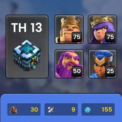 Town Hall 13 full max, 8 equipment epic (6 max LV 18), level 155,C4282
