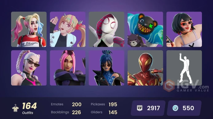 [ALL PLATFORMS]-164 SKIN-150K V-BUCKS SPEND-Games Guard-Front Man-Games Manager-Harley Quinn-Thanos-Championship Aura-FULL ACCESS-
