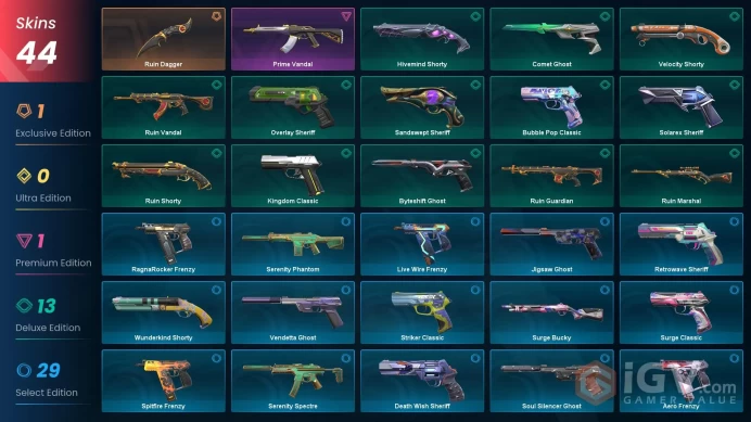 SEA-AP | Ruin Dagger | Prime Vandal | 820 Radianite Points | 44 Skins | Level 366 | Full Access
