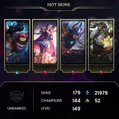 EUW EMAIL CHANGEABLE 144 CHAMPIONS 179 SKINS 151 LITTLE LEGENDS 22 MAP SKINS 221X EMOTES