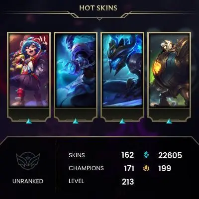 EUW EMAIL CHANGEABLE ALL CHAMPIONS 162 SKINS+40 INVENTORY 21KOE  144 LITTLE LEGENDS CHIBI SETT  21 MAP SKINS 