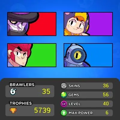 ClashyStore - LV38 - 34 Brawlers - 36 Skins - 5739 Cups - Super Cheap