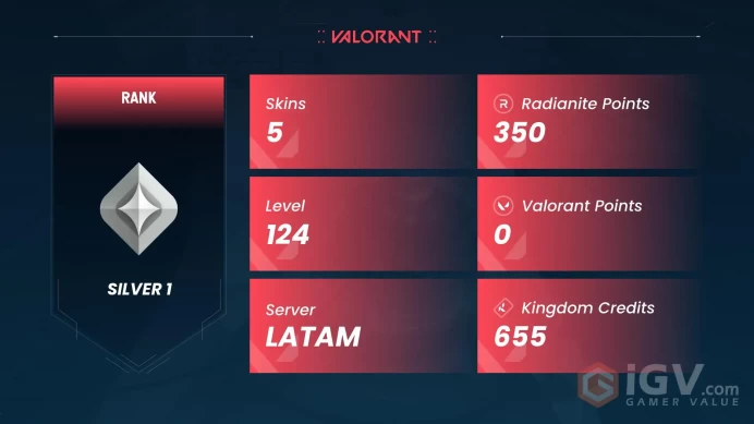 『LATAM - Valorant』20 + LVL | 5 Skins | Silver 1 Rank | Full Access w/eMail | Instant Delivery | High Trust Factor