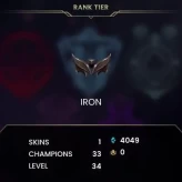 S15 Iron I (0 LP) / BE: 4049 / CHAMPS: 33 / Safecracker Evelynn, / Officer Vi, Leopard Nidalee Level: 34 / VANGUARD SAFE / GAMES PLAYED