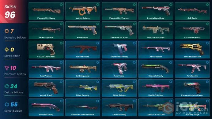 EU+96 skins+Total cost 26000 VP+Velocity Karambit+Overdrive Blade+Reaver Vandal+Ion Phantom+Ion Operator    10.28.1