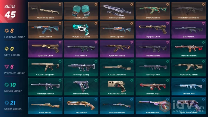 EU+45 skins+Total cost 26000 VP+SplashX Gloves+SplashX Vandal+SplashX Operator+Imperium Vandal   10.28.2