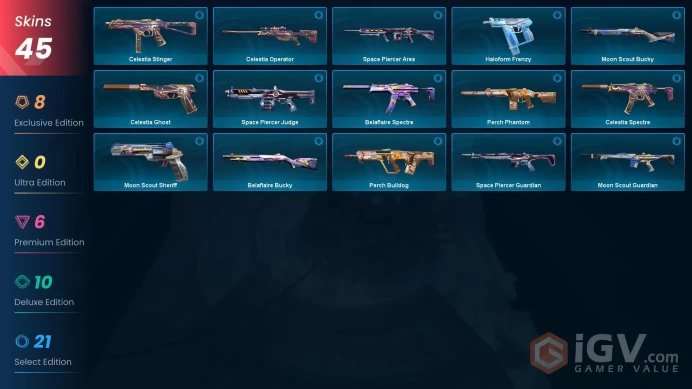 EU+45 skins+Total cost 26000 VP+SplashX Gloves+SplashX Vandal+SplashX Operator+Imperium Vandal   10.28.2