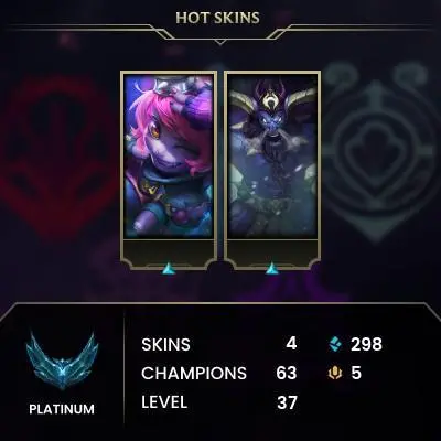 S15 Platinum IV (78 LP) / BE: 298 / RP: 5 / CHAMPS: 63 / Riot Girl Tristana, Victorious Master Yi, Unchained Alistar, DRX Ashe, / Key,