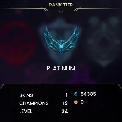 S15 Platinum IV (11 LP) / BE: 54385 / CHAMPS: 19 / Victorious Twisted Fate, / Ocean Song Seraphine, Super Galaxy Gnar, Old God Warwick,