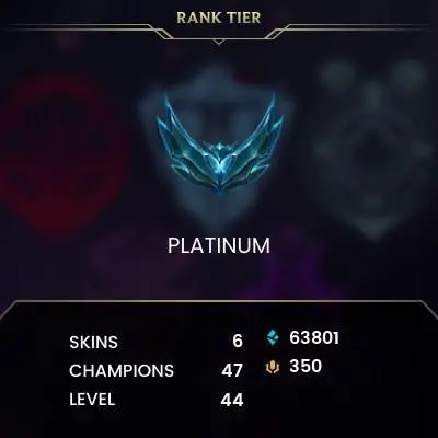 S15 Platinum IV (0 LP) / BE: 63801 / RP: 350 / CHAMPS: 47 / HEARTSTEEL Aphelios, Victorious Fiora, Chosen Master Yi, High Noon Lucian,