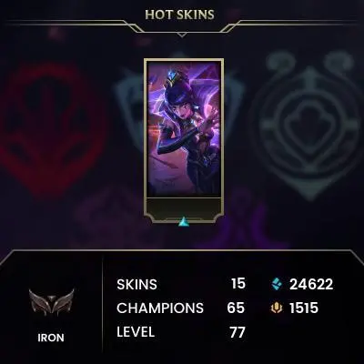 S15 Iron II (0 LP) / BE: 24622 / RP: 1515 / CHAMPS: 65 / Victorious Sona, Inkshadow Yone, Corporate Mundo, Astronaut Fizz, Crimson Elit