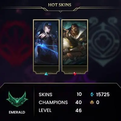 S15 Emerald IV (52 LP) / BE: 15725 / CHAMPS: 40 / Dryad Soraka, Victorious Master Yi, Sentinel Graves, Fae Dragon Ashe, Arcade Miss For