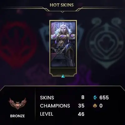 S15 Bronze II (0 LP) / BE: 655 / CHAMPS: 35 / PROJECT: Pyke, Dragon Fist Lee Sin, Withered Rose Talon, Soulstealer Vladimir, Spirit Blo
