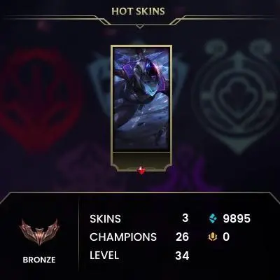 S15 Bronze I (0 LP) / BE: 9895 / CHAMPS: 26 / PROJECT: Vayne, Armored Titan Nasus, Ruined Miss Fortune, / Bewitching Fiora, God Fist Le