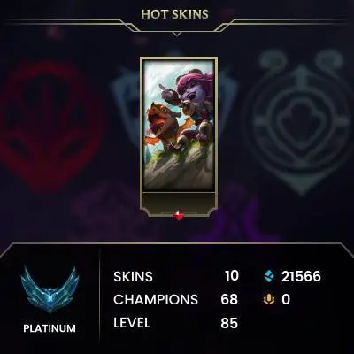 S15 Platinum IV (59 LP) / BE: 21566 / CHAMPS: 68 / Astronaut Fizz, PsyOps Samira, Fae Dragon Ashe, Astronaut Teemo, Ruined Draven, Supe