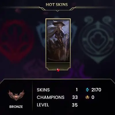 S15 Bronze II (0 LP) / BE: 2170 / CHAMPS: 33 / High Noon Ashe, / Spirit Blossom Kindred, Pengu Cosplay Tristana, Soul Fighter Viego, Re