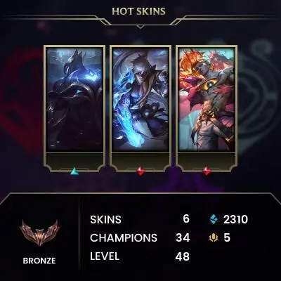 S15 Bronze II (0 LP) / BE: 2310 / RP: 5 / CHAMPS: 34 / Woad King Darius, Ruthless Pantheon, Bewitching Cassiopeia, Worlds 2016 Zed, Sou