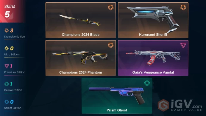 NA+5 skins+18000VP+Iron 3+Champions 2024 Blade+Champions 2024 Phantom+Kuronami Sheriff+Gaia's Vengeance Vandal+No phone    11.3.1