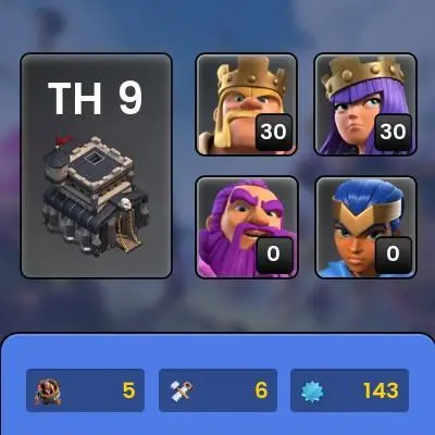 [Exp:143]||Th9 Maxed Rare||Legend Profile||Full Base Obstacles||1231 War Stars||2751 Gems||77 Legendary Trophy||5001 Atb