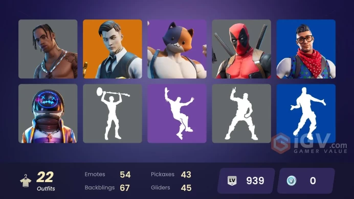 [Rent Cheap Accounts for 14 Days]Travis Scott, Fishstick (World Cup), Midas (Fully Golden), Brutus (Fully Golden), Reaper | 59 Skins