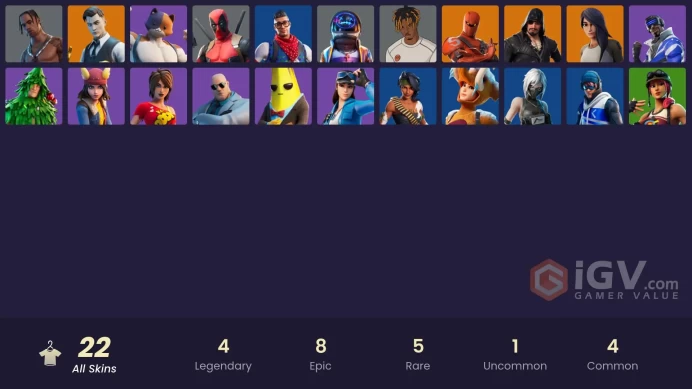[Rent Cheap Accounts for 14 Days]Travis Scott, Fishstick (World Cup), Midas (Fully Golden), Brutus (Fully Golden), Reaper | 59 Skins