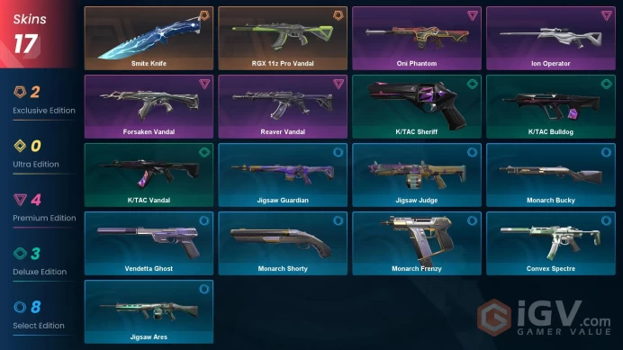 [EU] Email | 12k VP Spent | 17 skins | Smite Knife | RGX 11z Pro Vandal | Oni Phantom | Forsaken Vandal | Ion Operator | Reaver Vandal