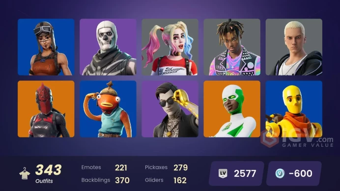 [ALL PLATFORMS]-343 Skin-307 Pickaxes-221 Emote -162 Gliders-300K V-Bucks Spend-Aloy-Dragon Balls-Spider Knight-Doggo-Mogul Master (USA)-
