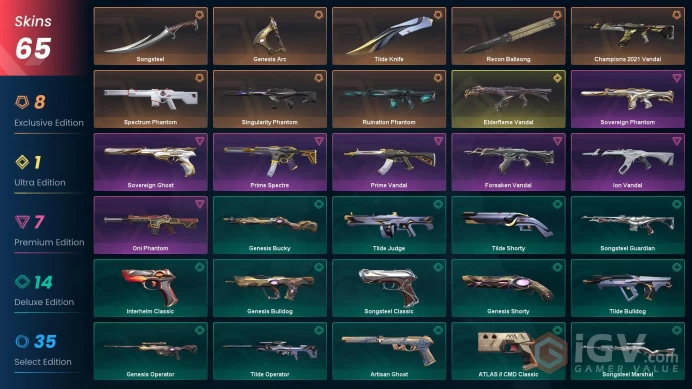 Na-Usa-Can | Champions 2021 Vandal | Recon Balisong | Spectrum Phantom | Elderflame Vandal | 440 Radianite Points | 65 Skins | Level 277