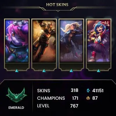 EUW / EMERALD 4  ++high lp gain / 171 Champ / 318 Skins(2 Ultimate, 2 Mythic, 32 Legendary, 148 Epic) /41K BE/ 252 CHROMAS/ 767 LVL/ FULL ACCES 