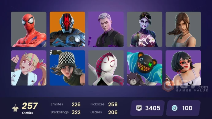 [ALL PLATFORMS]-257 Skin-297 Pickaxes-226 Emotes-206 Gliders-Lara Croft-FULL ACCESS-