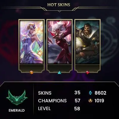 EUW / EMERALD 4 / FLEX EMERALD 4 / 57 Champ / 35 Good Skins/ 8.6K BE / 1.019RP / HONOR 4  / 3 REFUND / 58 LVL /  HANDMADE / FULL ACCES / CHEAP 