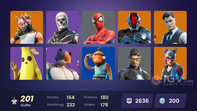 [ALL PLATFORMS]-201 Skin-188 Pickaxes-164 Emotes-178 Gliders-Demogorgon OG-Skull Trooper-Fishstick-Hulk-FULL ACCESS-