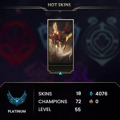 EUW / PLATIN 4 %77wr / 72 Champ / 18 Good Skins(1 Legendary, 6 Epic) / 4K BE / HONOR 5 / S10 ACC / 55 LVL / FULL ACCES / HANDMADE