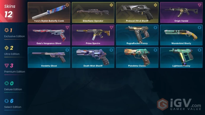 EU+12 skins+Total consumption 14000 VP+Platinum 1+Yoru's Stylish Butterfly Comb+Elderflame Operator+Protocol 781-A Sheriff+Origin Vandal 11.18.1