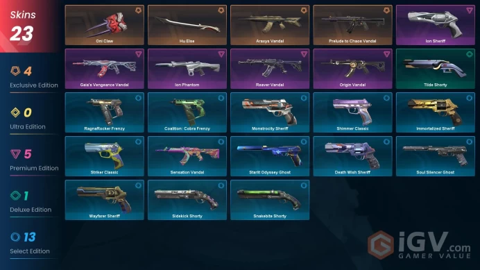 Asia / Inventory value ~ 20,200 VP / 23 Skins / Prelude to Chaos Vandal / Araxys Vandal / Oni Phantom / 2 KnivesMak130
