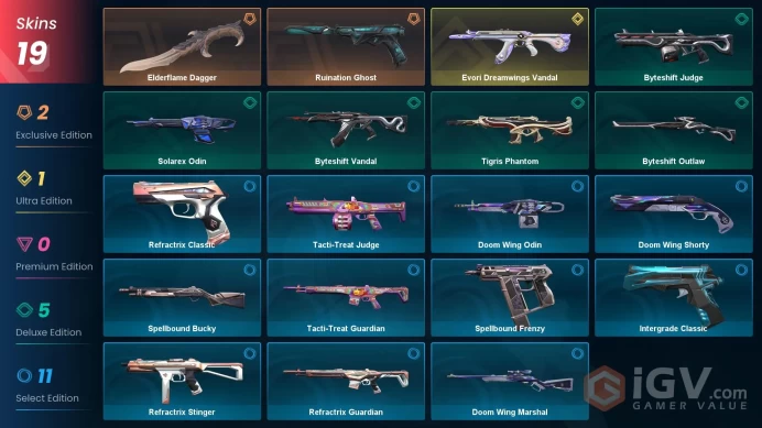 | Brasil | 19 SKINS |  Evori Dreamwings Vandal | Elderflame Dagger | Ruination Ghost  |PC / PSN / XBOX | 