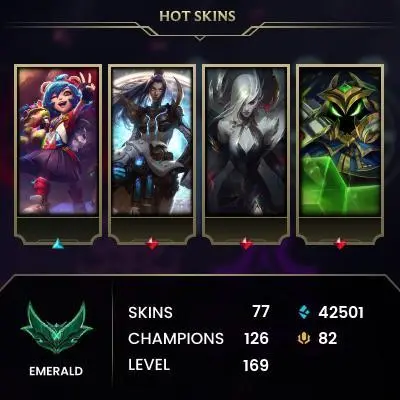 EUW / EMERALD 4 / 126 Champ / 77 Good Skins (3 Mythic, 7  Legendary, 41 Epic) / 42.5K BE / HONOR 4 / 169 LVL / FULL ACCES / HANDMADE / CHEAP